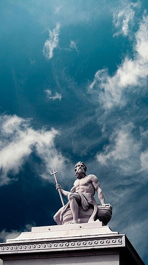 Poseidon Statue Holding Trident Against Dramatic Blue Sky HD phone wallpaper