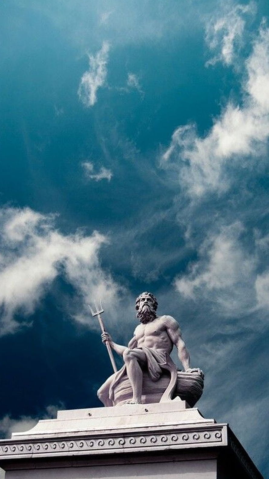 Poseidon Statue Holding Trident Against Dramatic Blue Sky HD phone wallpaper