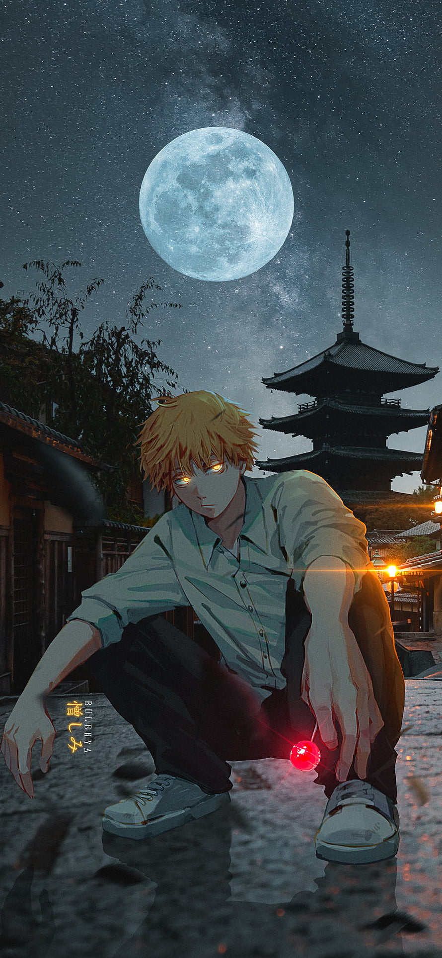 Yuji Itadori from Jujutsu Kaisen crouching under a full moon with a pagoda in the background HD phone wallpaper