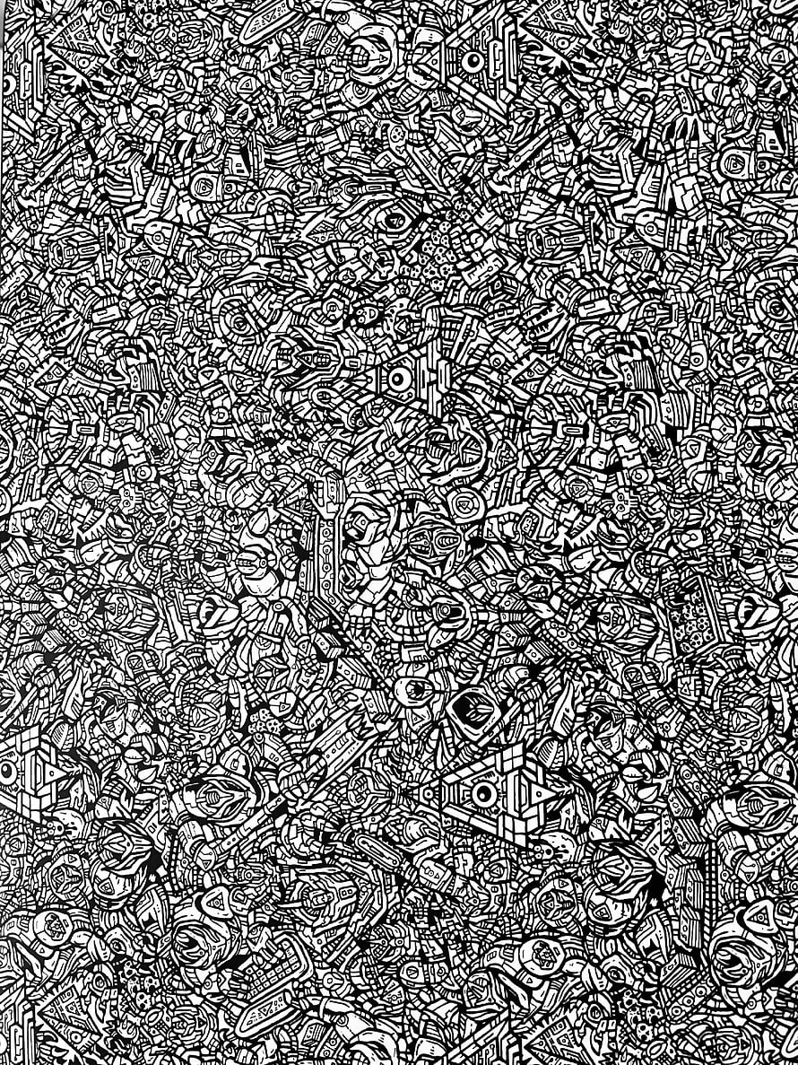 Intricate Black and White Doodle Pattern with Mechanical and Abstract Elements HD phone wallpaper
