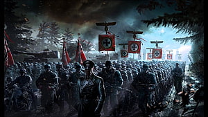 World War II German Infantry Column Marching Through Dark Forest With Military Banners, nazi, History, Adolf, Hitler, Dark, Evil, Military, Anarchy, War / and Mobile Background HD wallpaper