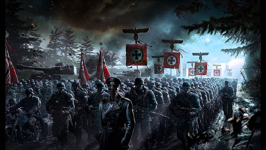 World War II German Infantry Column Marching Through Dark Forest With Military Banners, nazi, History, Adolf, Hitler, Dark, Evil, Military, Anarchy, War / and Mobile Background HD wallpaper