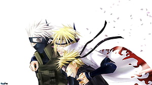 Naruto and Sai in a warm group hug with drifting petals on a white background HD wallpaper