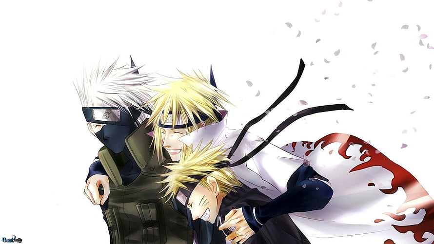 Naruto and Sai in a warm group hug with drifting petals on a white background HD wallpaper