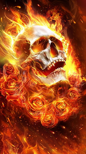 Burning Human Skull Enveloped in Fiery Flames and Glowing Roses, Fire Skull Unique Fire, Cool Red Fire HD phone wallpaper