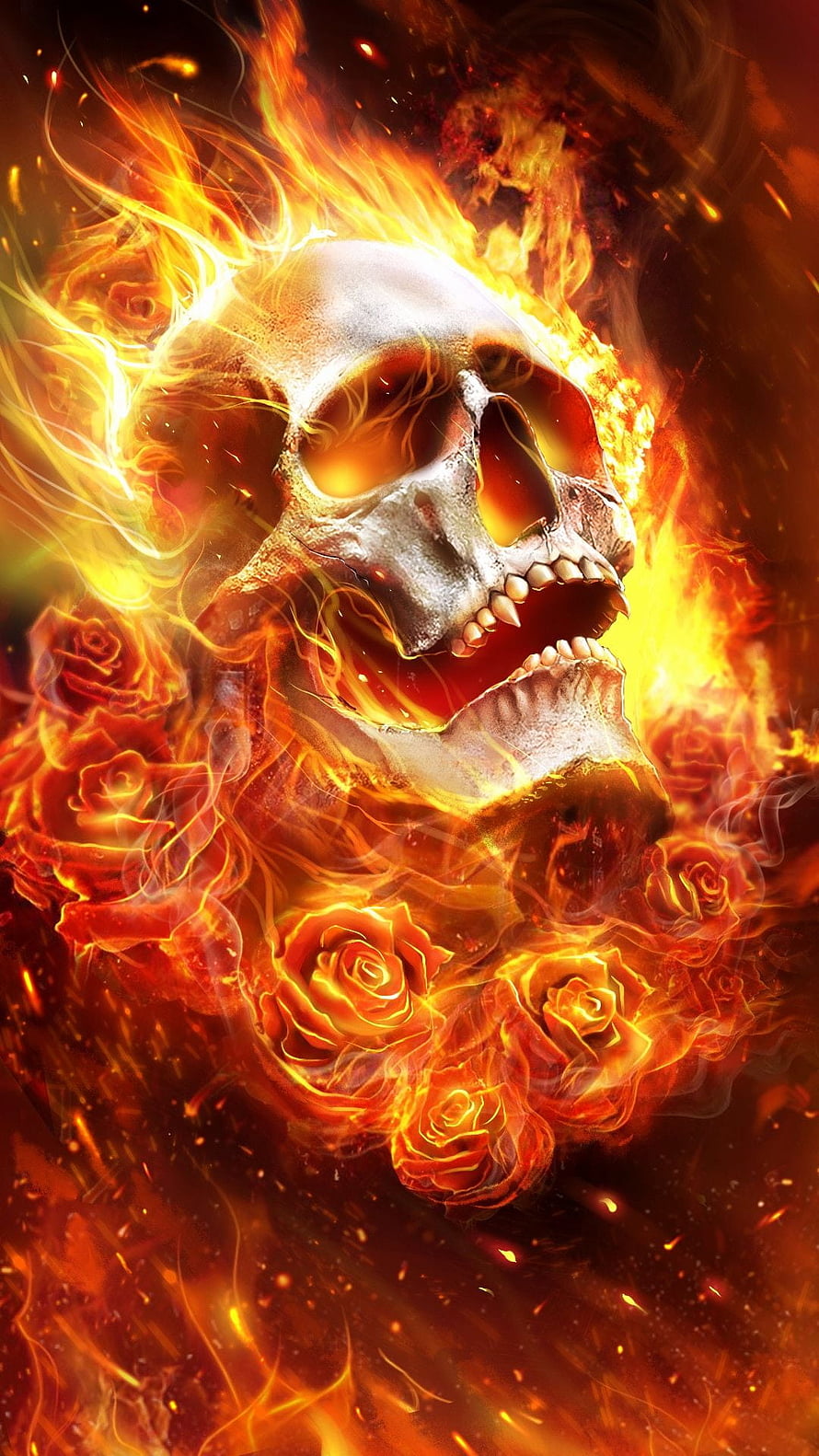 Burning Human Skull Enveloped in Fiery Flames and Glowing Roses, Fire Skull Unique Fire, Cool Red Fire HD phone wallpaper