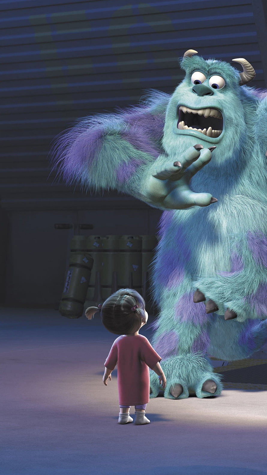 Sulley and Boo from Monsters Inc in a dramatic Pixar animation scene HD phone wallpaper