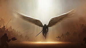 Winged Warrior Descending From Light Amidst Epic Battlefield Silhouettes HD wallpaper