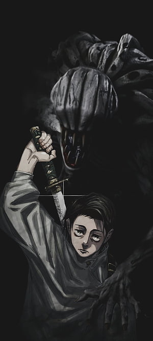Yuta Okkotsu Confronting a Shadowy Monster with a Sword in Dark Anime Art HD phone wallpaper