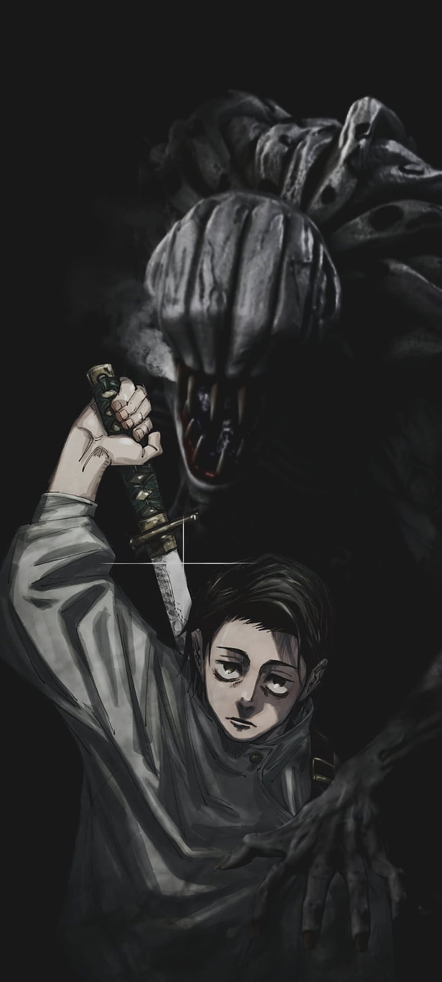 Yuta Okkotsu Confronting a Shadowy Monster with a Sword in Dark Anime Art HD phone wallpaper