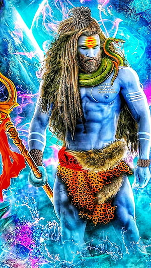 Lord Shiva Mahakal Digital Art with Blue Skin, Snake, and Trident HD phone wallpaper