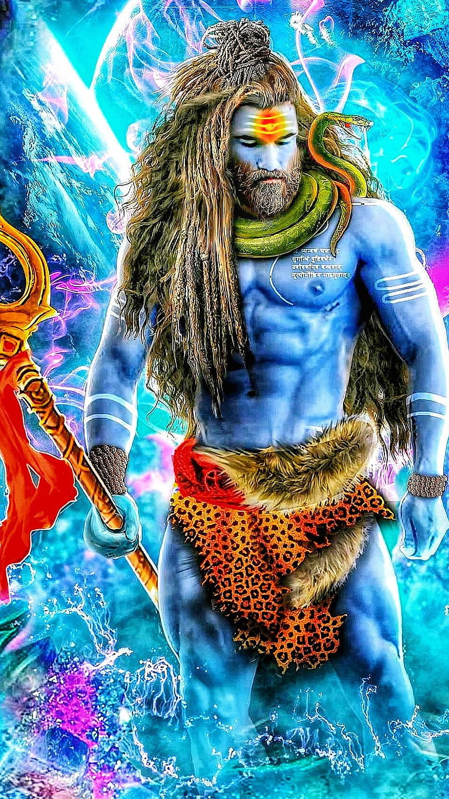 Lord Shiva Mahakal Digital Art with Blue Skin, Snake, and Trident HD phone wallpaper