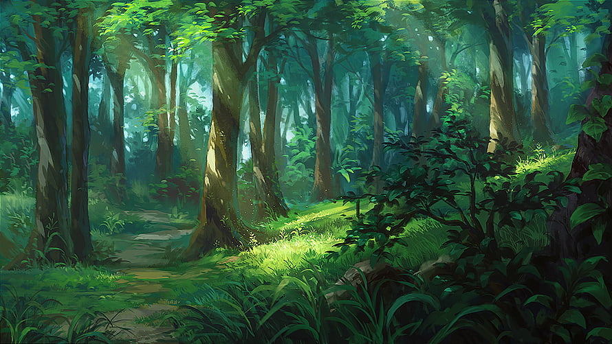Sunlit Forest Path Anime Style Wallpaper HD wallpaper