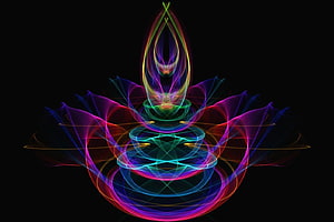 Vibrant Neon Fractal Lotus with Spiraling Energy on Black Background HD wallpaper