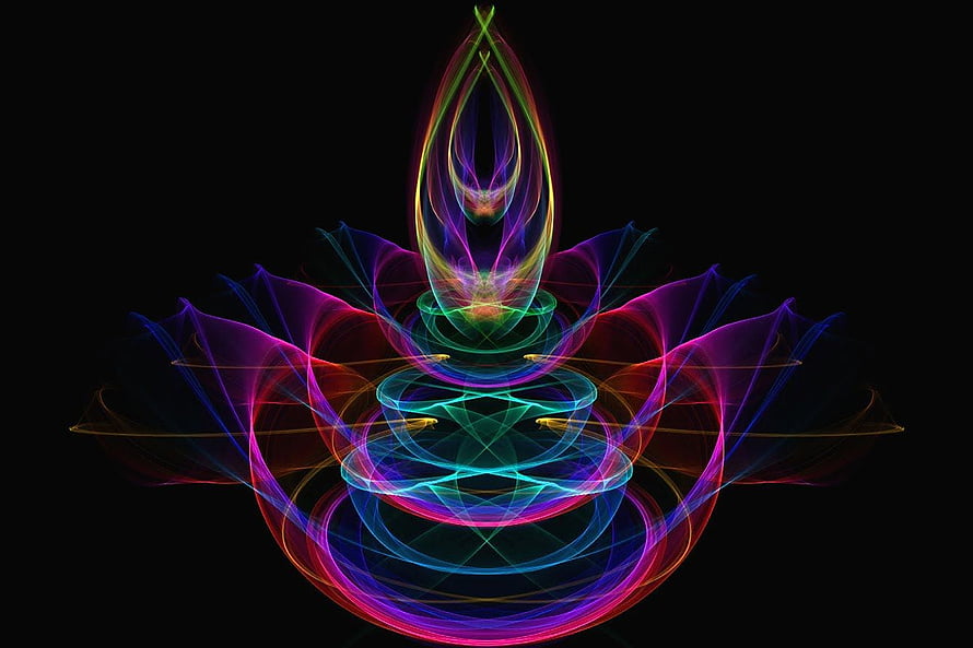 Vibrant Neon Fractal Lotus with Spiraling Energy on Black Background HD wallpaper