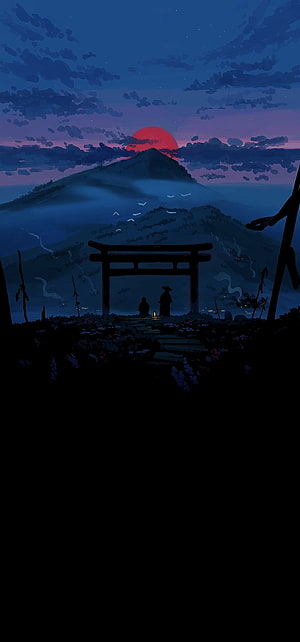 Ghost of Tsushima Twilight Torii Gate and Mountain Silhouette Digital Art HD phone wallpaper