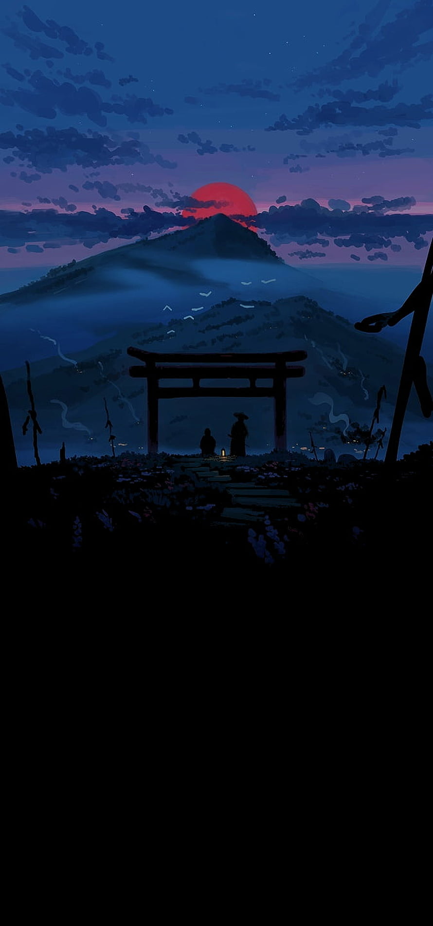 Ghost of Tsushima Twilight Torii Gate and Mountain Silhouette Digital Art HD phone wallpaper