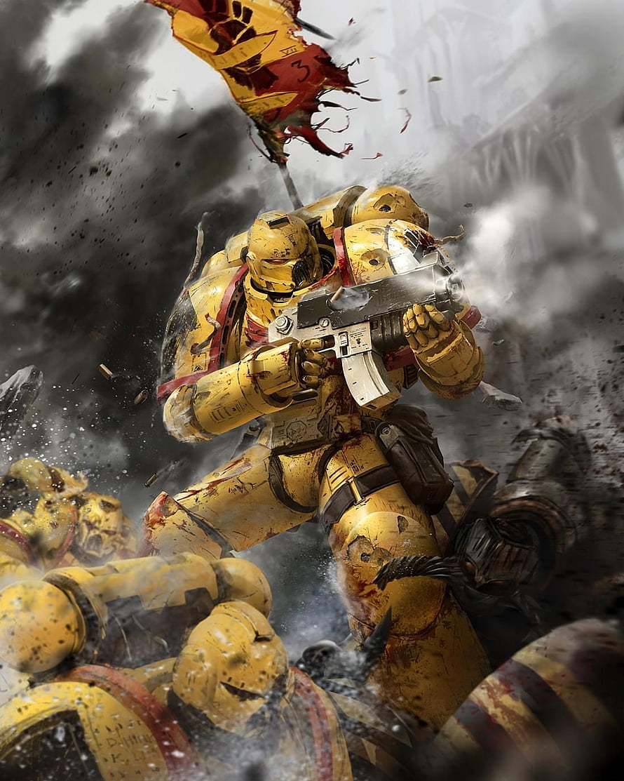 Imperial Fists Space Marine in Battle Armor with Bolter and Tattered Banner HD phone wallpaper