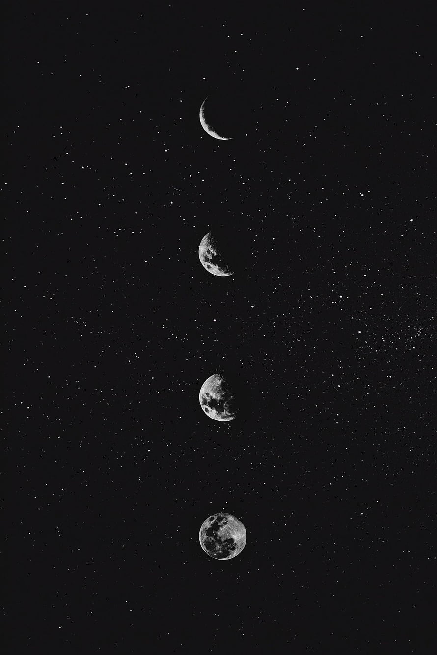 Black and White Moon Phases Composite Against a Starry Night Sky HD phone wallpaper