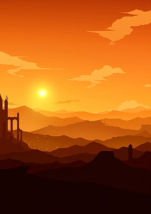 Silhouetted Castle and Rolling Mountains Under a Vibrant Orange Sunset Sky HD phone wallpaper