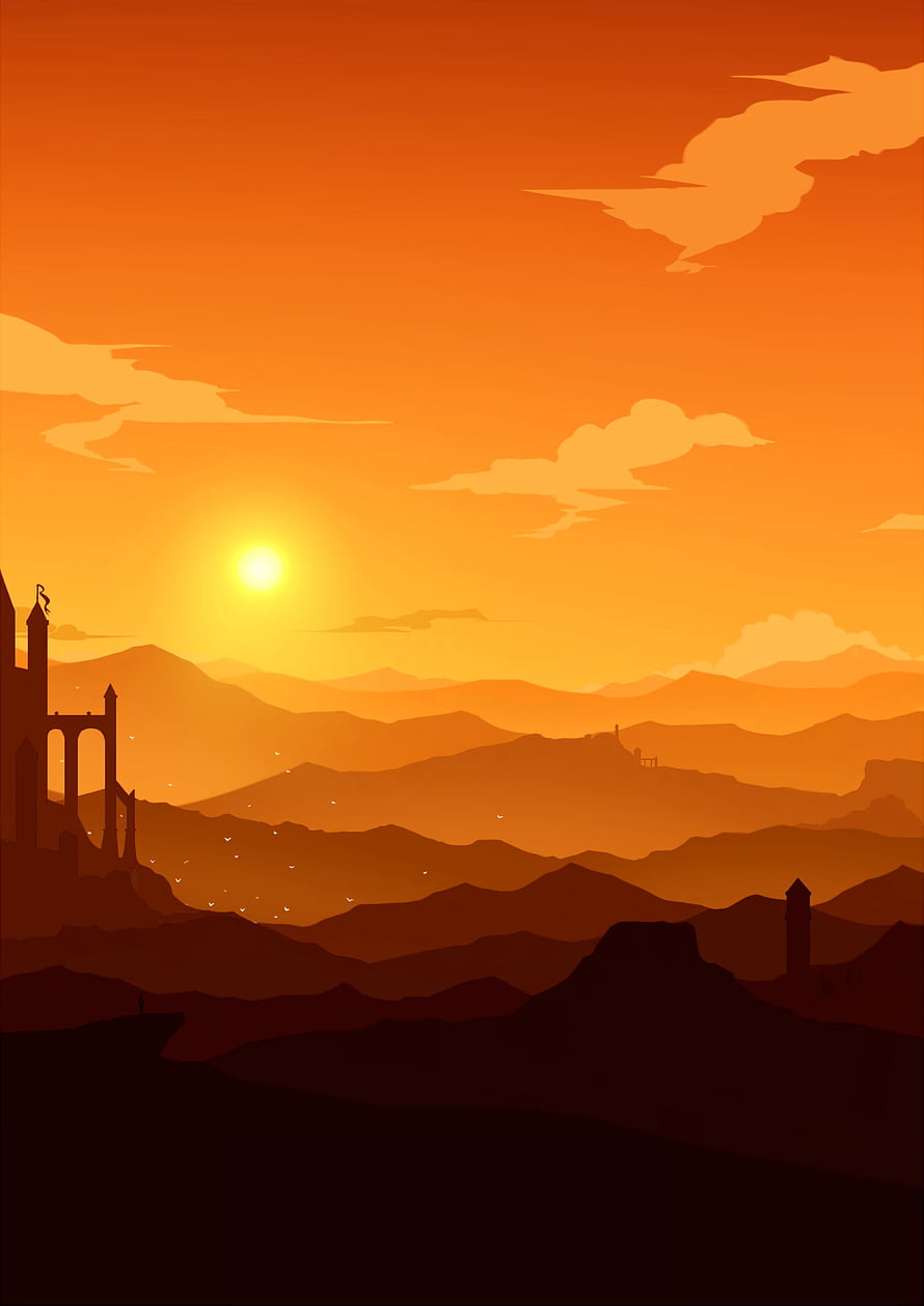 Silhouetted Castle and Rolling Mountains Under a Vibrant Orange Sunset Sky HD phone wallpaper