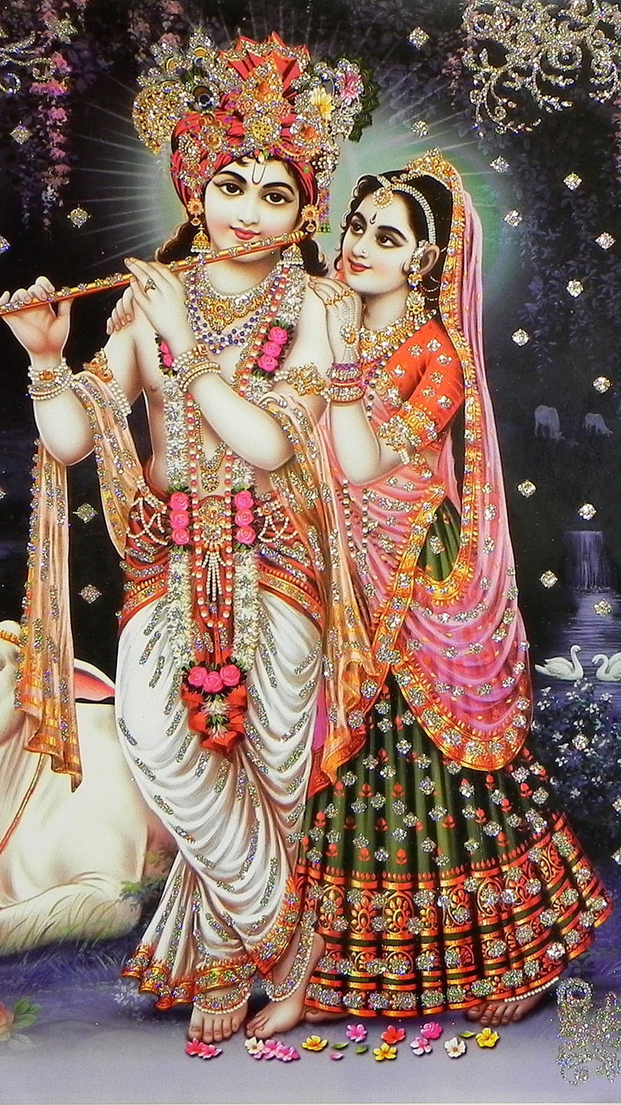 Radha Krishna Playing Flute in Traditional Attire with Floral Garland HD phone wallpaper