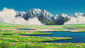 Vibrant Digital Painting of Snowy Mountains and Flowery Meadow HD wallpaper