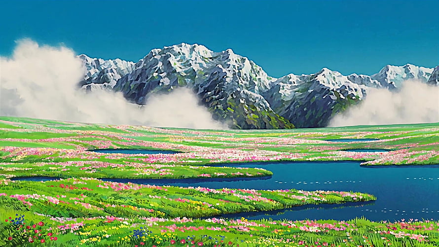 Vibrant Digital Painting of Snowy Mountains and Flowery Meadow HD wallpaper