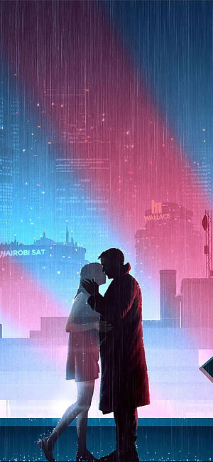 Romantic Couple Silhouette Kissing in Rainy Neon Cityscape, Blade Runner 2049 HD phone wallpaper
