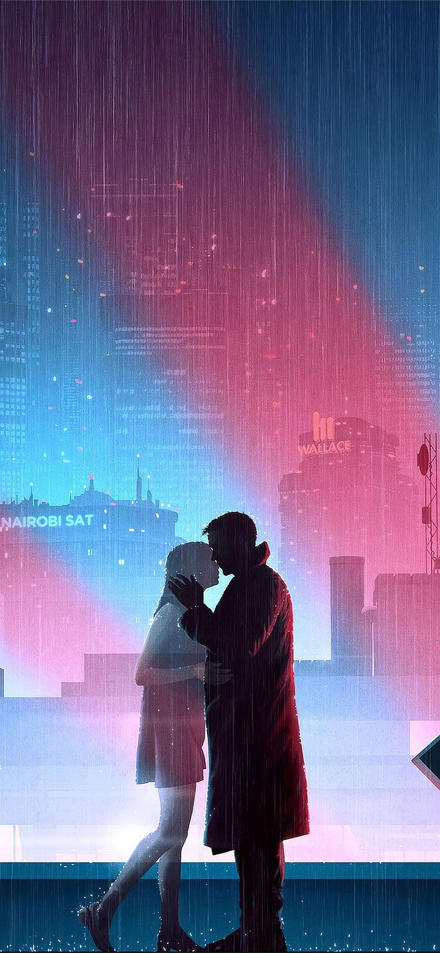 Romantic Couple Silhouette Kissing in Rainy Neon Cityscape, Blade Runner 2049 HD phone wallpaper