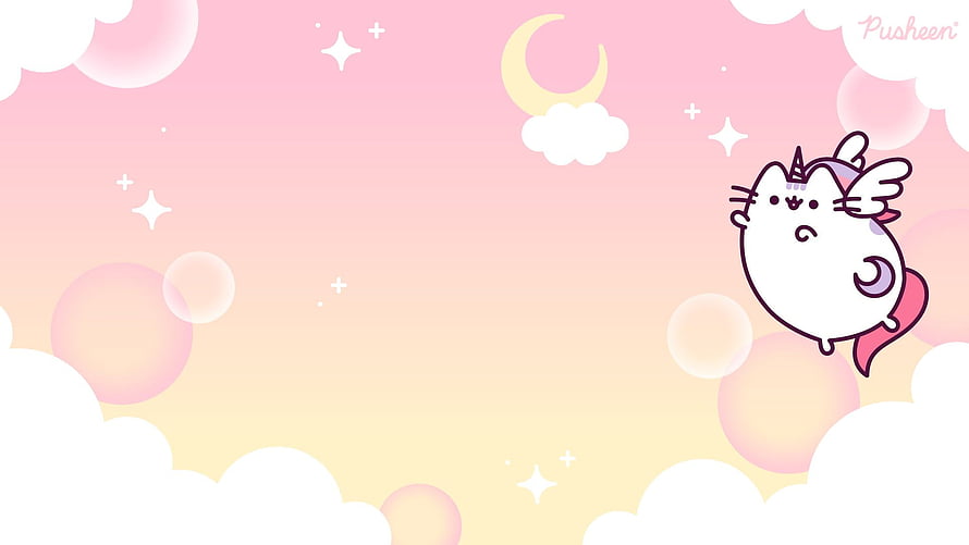 Pusheen Unicorn Cat Floating in Pastel Dreamy Sky with Clouds and Stars HD wallpaper