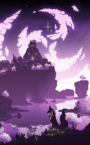 Mystical Purple Castle on Cliff with Fox Spirit and Cherry Blossoms HD phone wallpaper