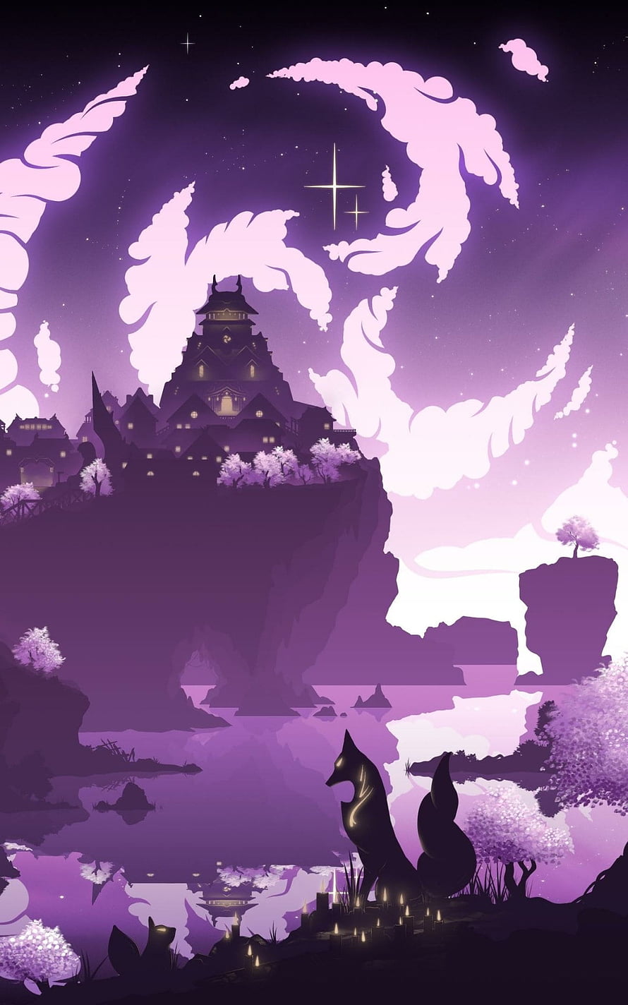Mystical Purple Castle on Cliff with Fox Spirit and Cherry Blossoms HD phone wallpaper