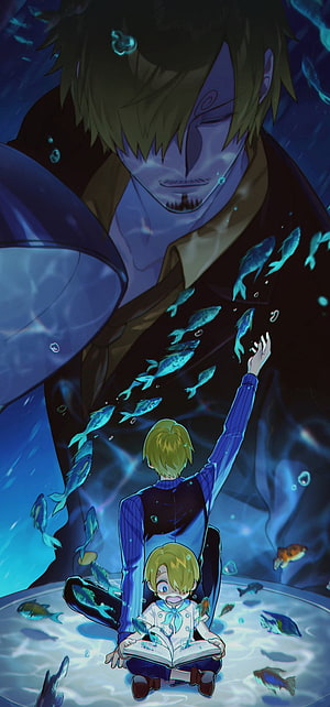 One Piece Sanji and Vinsmoke Family Underwater Scene with Glowing Fish HD phone wallpaper