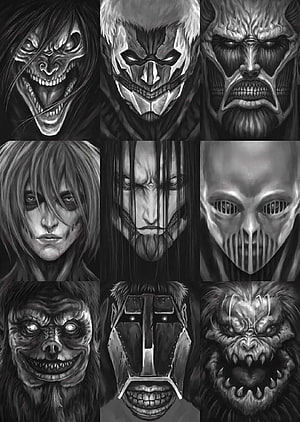 Black and White Titan Faces Grid from Attack on Titan Anime Series HD phone wallpaper