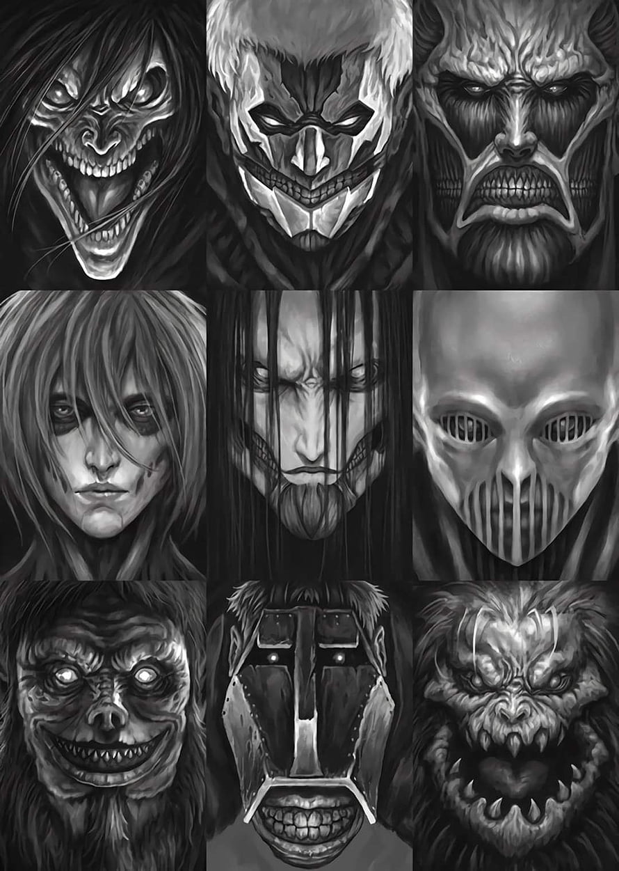 Black and White Titan Faces Grid from Attack on Titan Anime Series HD phone wallpaper