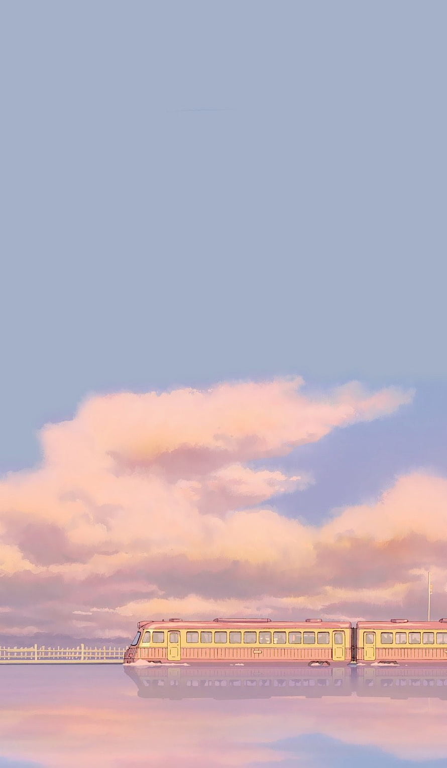Vintage Pink Train on Water Under Pastel Sunset Sky Anime Style Wallpaper HD phone wallpaper