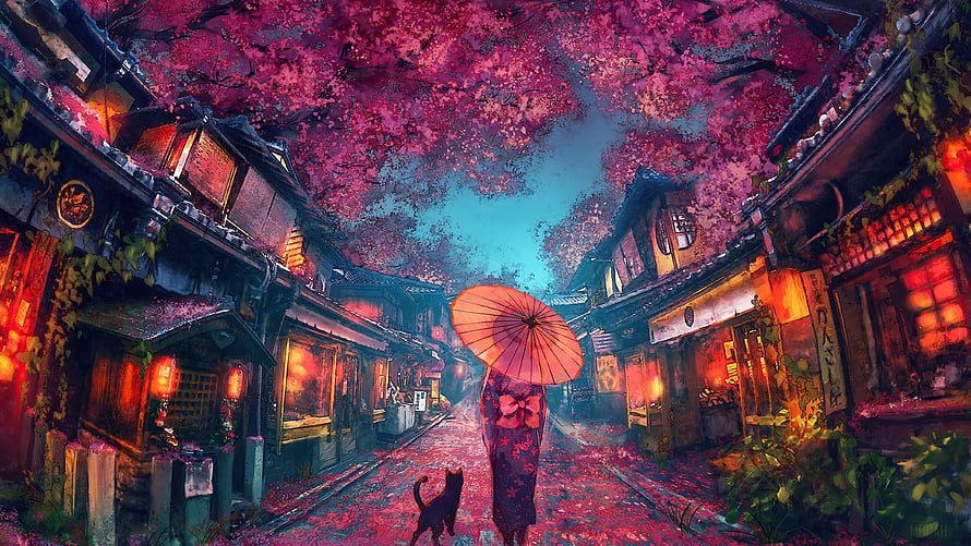 Anime Woman in Kimono with Parasol Walking Through Sakura Street with Cat, Kimono , Background, Japanese Sakura Anime HD wallpaper
