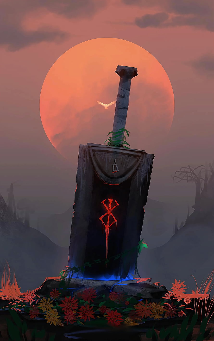 Elden Ring Sword in the Stone Monument with Glowing Rune and Giant Red Sun HD phone wallpaper