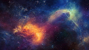 Vibrant Deep Space Nebula with Swirling Orange and Blue Gas Clouds and Star Fields HD wallpaper