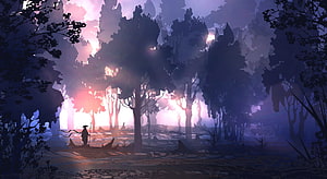 Mystical Forest Landscape with Lone Wanderer at Dawn in Digital Art Style HD wallpaper