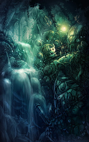 Hollow Knight Greenpath Fanart: Lush Waterfall Scene in the Ancient Forest HD phone wallpaper