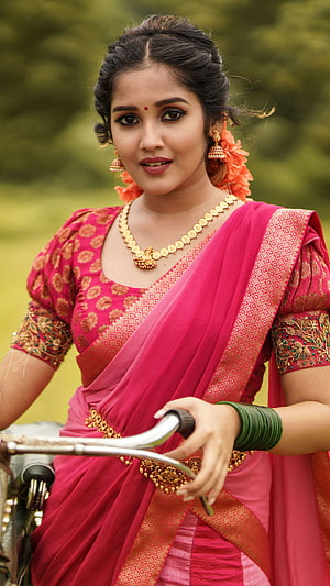 Woman in Pink Saree with Gold Jewelry and Bicycle, Anikha surendran, model HD phone wallpaper
