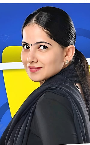 Portrait of a woman with black hair and a bindi smiling against a blue and yellow background, Jaya Kishori, hair HD phone wallpaper