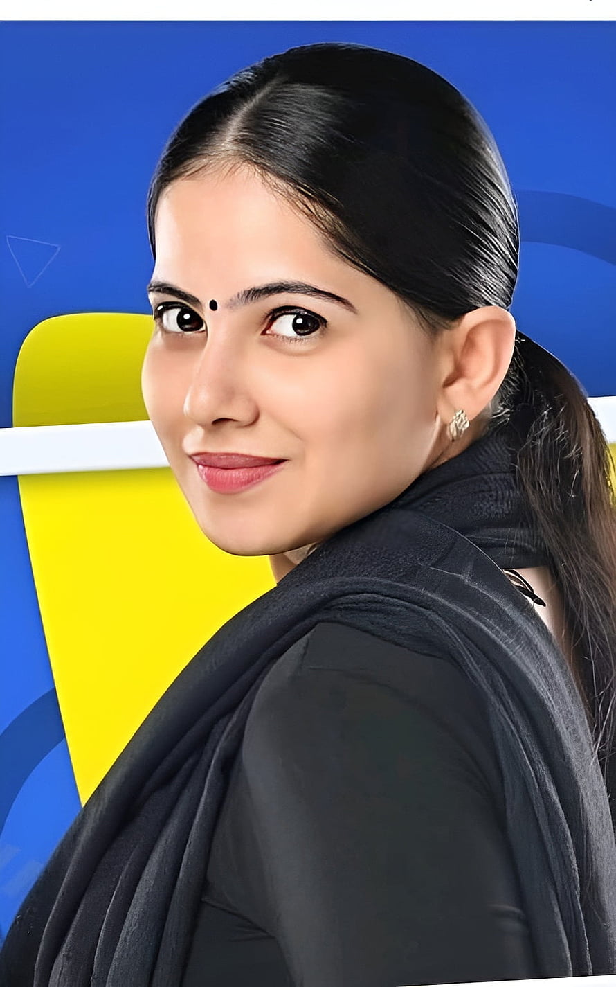 Portrait of a woman with black hair and a bindi smiling against a blue and yellow background, Jaya Kishori, hair HD phone wallpaper
