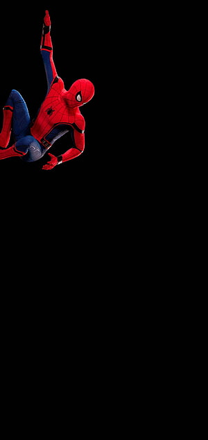 Spider-Man in Classic Red and Blue Suit Hanging Upside Down on Black Background, ZIP Punch Hole For Realme 6, 6 Pro and X50 Pro, Spiderman Punch Hole HD phone wallpaper