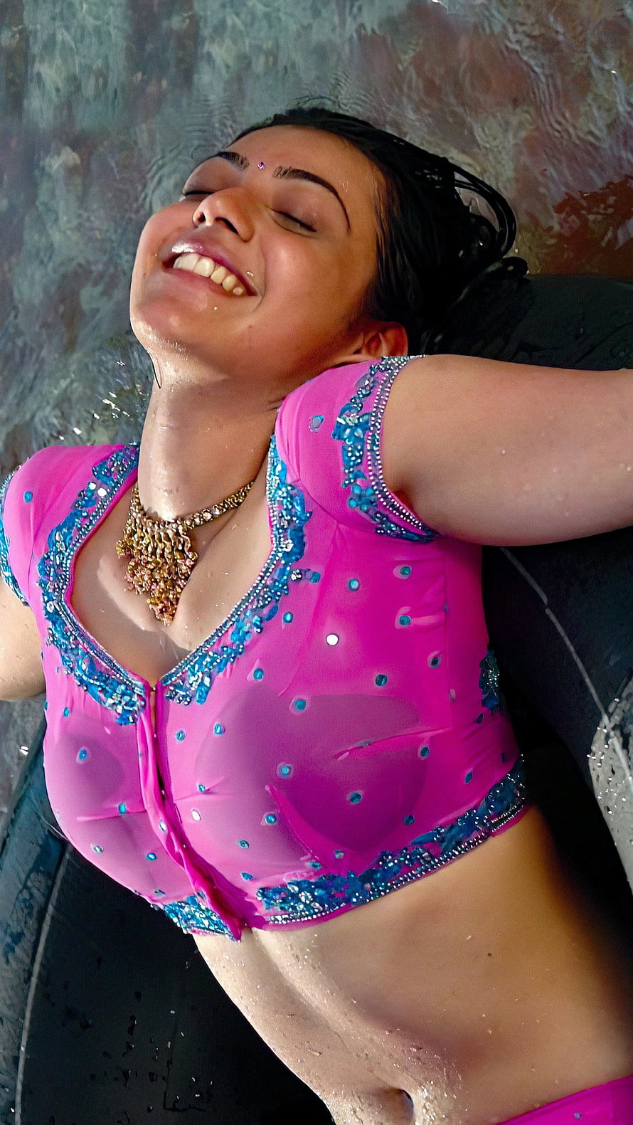 Woman in Pink Embellished Top Relaxing Under Waterfall, Kajal agarwal, telugu actress HD phone wallpaper