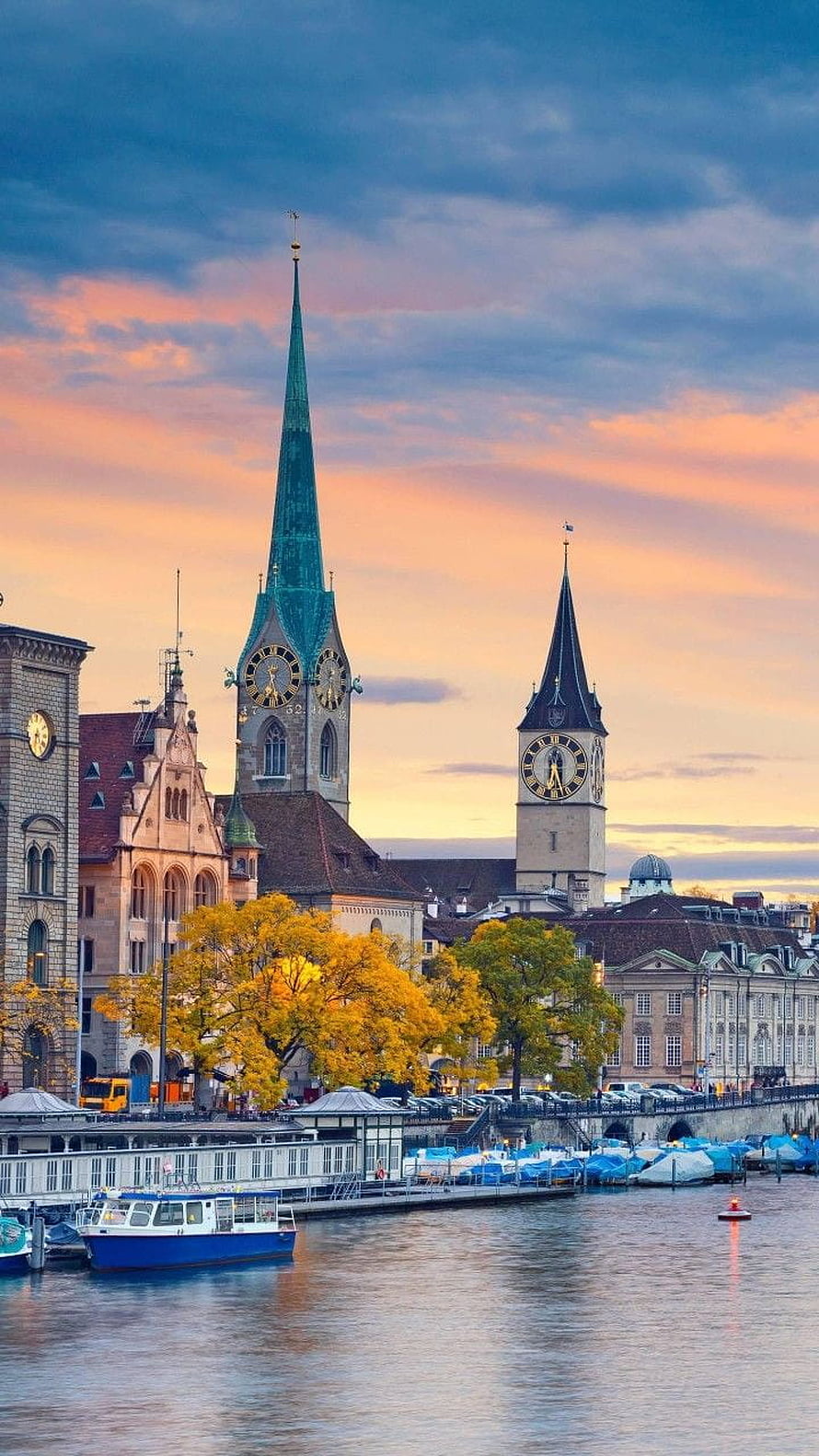 Zurich Old Town Skyline at Sunset with Limmat River and Historic Church Spires HD phone wallpaper