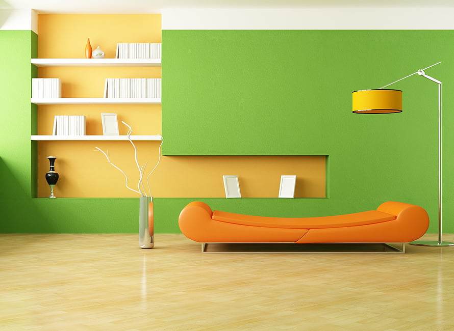 Modern Minimalist Living Room With Vibrant Green Walls And Orange Chaise Lounge HD wallpaper