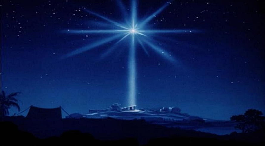 Star of Bethlehem shining over the manger scene at night with a deep blue starry sky HD wallpaper
